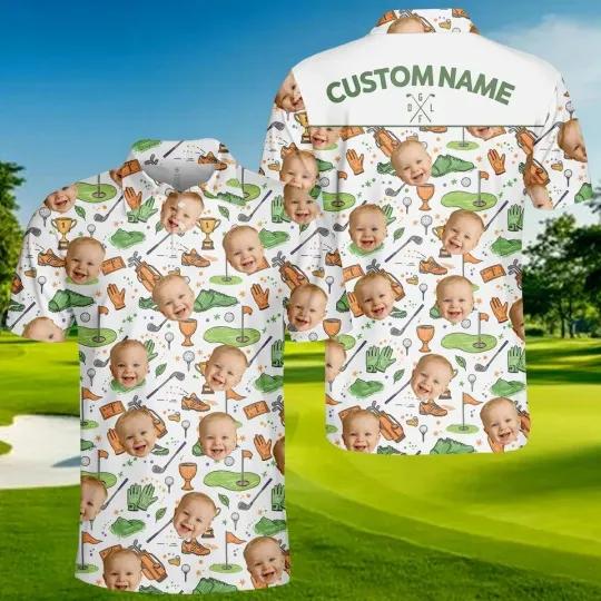 Personalized Face& Name Golf Polo Shirt for Men, Custom Best Dad Golf Shirt