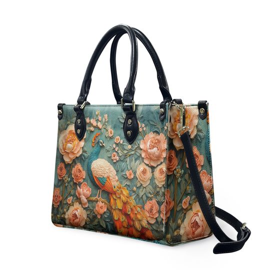 Discover Majestic Royal Peacock Peony Leather Handbag | Custom Floral Peacock Plumage Top Handler Bag