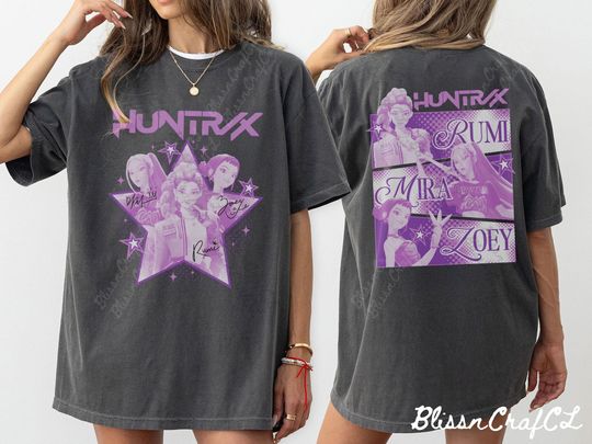 Huntrix 2 sides Shirt, Kpop Demon Hunters Shirt, Saja Girls Fan Shirt, Rumi, Mira, Zoey, Drepy Tee, Demon Hunter Merch, Gift for Huntrix fan
