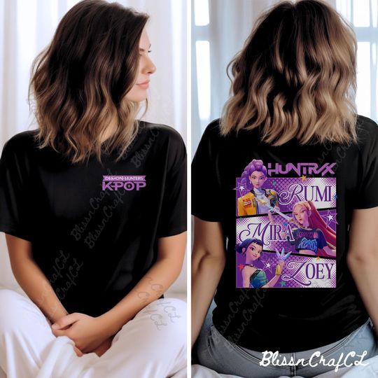 Huntrix 2 sides T-Shirt, Kpop Demon Hunters Shirt, Saja Girls Fan Shirt, Rumi, Mira, Joey Shirt, Demon Hunter Merch, Gift for Huntrix fan