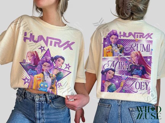 Kpop Huntrix Double Sided T-Shirt, Mira, Rumi, Zoey, Derpy Tiger Design, Gift for Saja Boys Fans
