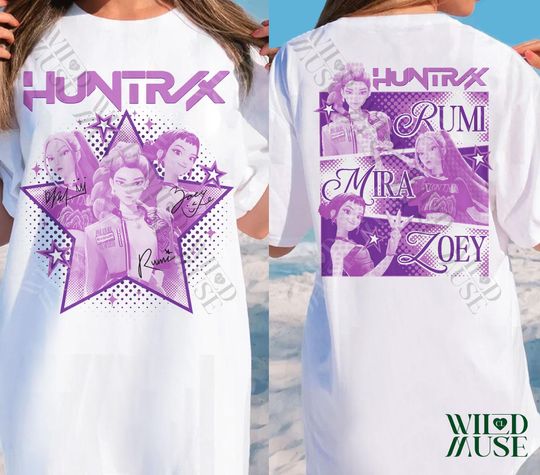 Kpop Huntrix Double Sided T-Shirt, Demon Hunters Tee, Mira, Rumi, Zoey, Derpy Tiger Design