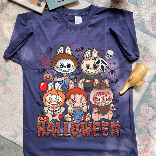 LABUBU Horror Halloween Shirt, Cute Scary Movie Characters Tee, Chucky Pennywise Ghostface Top, Spooky Kawaii T-Shirt