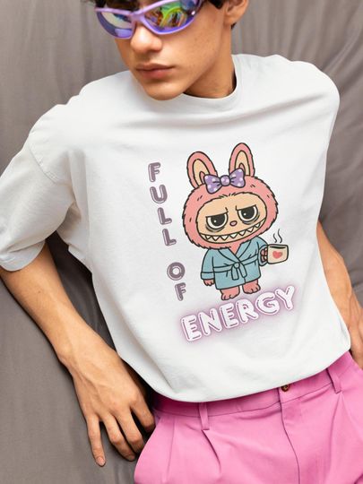 Full of Energy Labubu Shirt  Funny Tired Monster Tee  Kawaii Coffee Lover T-Shirt  Cute Lazy Vibes Graphic Tee  Labubu Fan Gift
