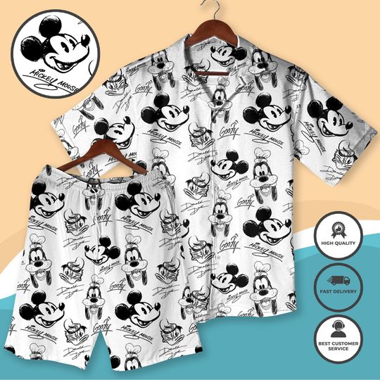 Mickey And Friends Sketch Art Hawaiian Shirt, Mickey Mouse Donald Duck Goofy Hawaiian Shirts, Summer Trip Hawaii Set