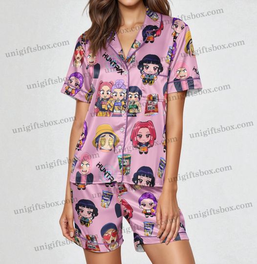 Kpop Demon Hunters Huntrix Satin Pajama Set, Kpop HUNTR/X Rumi Mira Zoey Pajamas, Kpop Demon Hunter Huntrix Sleepwear, Kpop Merch Gifts