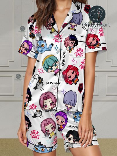 Kpop Demon Hunters Satin Pajamas Set  Saja Boys Shirt & Pants  Demon Hunters Huntrix Merch  Kpop Fan Sleepwear  Huntrix Girls Pjs