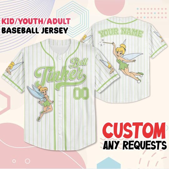Custom Peter Pan Tinker Bell Baseball Jersey, Peter Pan Disney Trip Shirt, Fairy Matching Outfit, Kid Youth Adult Gift, Personalized Jersey