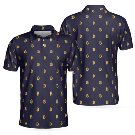 Seamless Pattern Sign Bitcoin Polo Shirt Navy Blue And Gold Polo Shirt