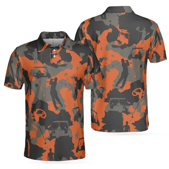 Orange Camouflage Golf Polo Shirt Golfer Silhouette Pattern Polo Shirt
