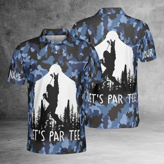 Bigfoot Golf Men Polo Shirt - Funny Bigfoot Blue Camo Custom Name Apparel Shirt
