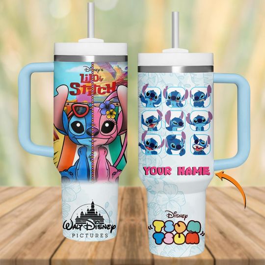 Stitch Tumbler with Handle, Custom Name Tumbler Cup, Disney Summer Mug, Tsum Tsum Stitch Cup, Cute Stitch Gift for Her