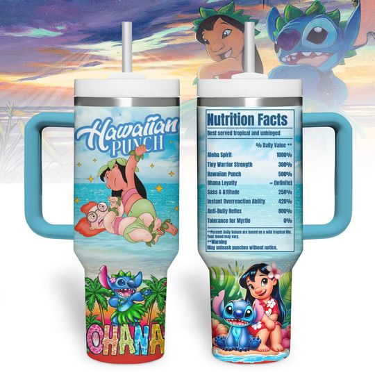 Lilo & Stitch Hawaiian Punch Tumbler with Handle, Stitch Ohana Travel Mug, Aloha Punch Cup