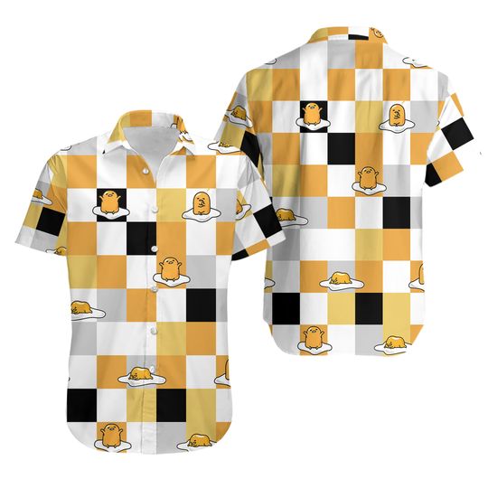 Sanrio Gudetama Button Up Shirt, Gudetama Sanrio Hawaiian Shirt, Sanrio Checkered Hawaiian Shirt