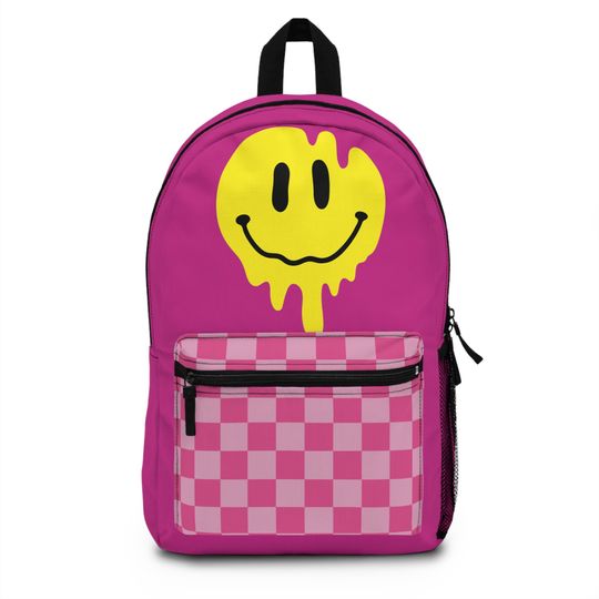 Drippy Smiley Face Backpack | Pink Checkered School Bag with Melting Yellow Smiley | Trendy 90s Aesthetic Laptop Backpack