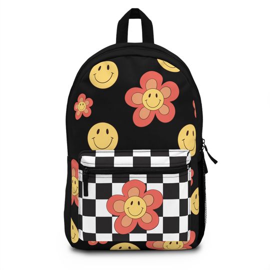 Retro Smiley Flower Backpack | Black and White Checkered School Bag | Cute 90s Aesthetic Floral Backpack | Trendy Smiley Face Bookbag