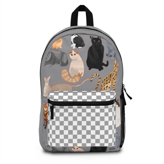 Cute Cat Backpack | Gray Cat Lover's School Bag w/Checkered Pattern | Fun & Durable | Trendy Animal Print Backpack | travel bag