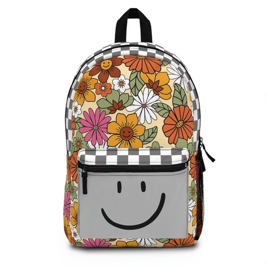Floral Smiley Face Backpack | Retro Flower Print with Checkered Pattern | Fun Retro Aesthetic School Bag | Weird Style | Laptop Pocket