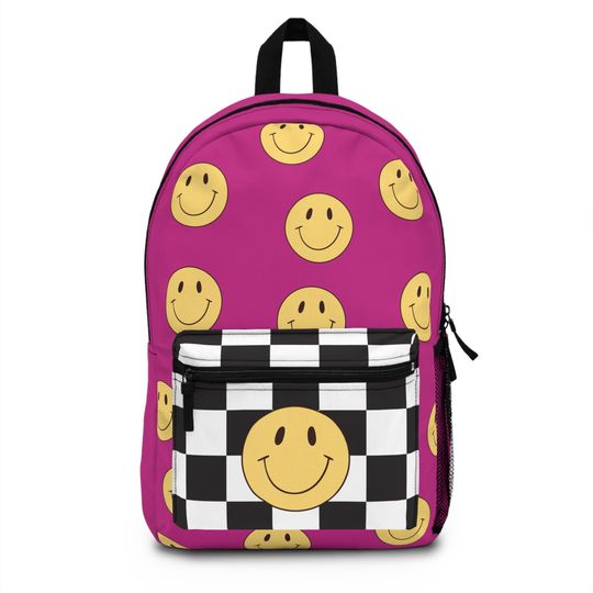 Pink Smiley Face Backpack | Retro Checkered School Bag with Yellow Smiley Pattern | Fun smile Aesthetic Laptop Bag | Durable & Lightweight