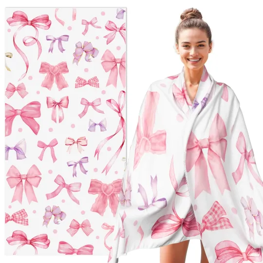 Polka Bow Oversized Beach Towel - Double-Sided Velvet Lightweight Pool Towel ...