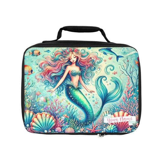 Personalized lunch bag, enchanting underwater scene mermaid design, with your name, for school & everyday use, ideal as a gift