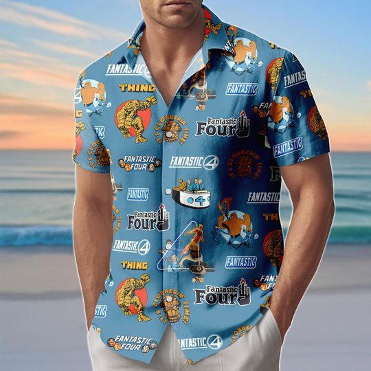 Fantastic Four Comic Button Shirt, Marvel Hawaiian Shirt, Avengers Shorts, Summer Beach Outfit for MCU Fans