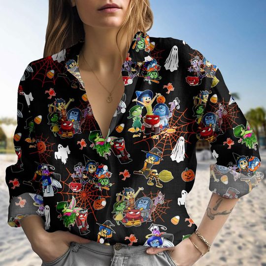 Inside Out Halloween Linen-Look Shirt, Pixar Character Blouse Shirt, Spooky Ghost Button Up Shirt, Fall Cartoon Top, Halloween Blouse W