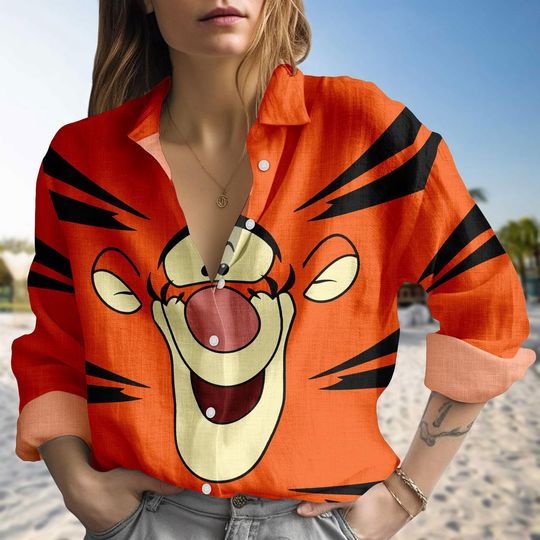 Tigger Face Cartoon Linen-Look Shirt, Disney Character Blouse Shirt, Winnie the Pooh Tigger Cosplay Shirt, Cute Funny Button Up Shirt