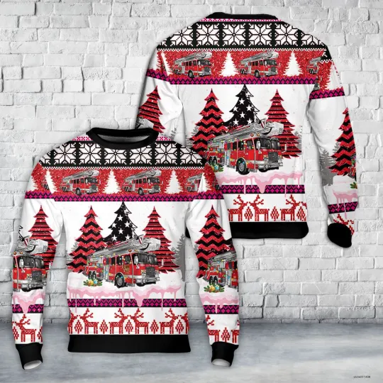 Fire Truck Firefighter Christmas AOP Sweater For Men Women Lightweight Xmas Gift