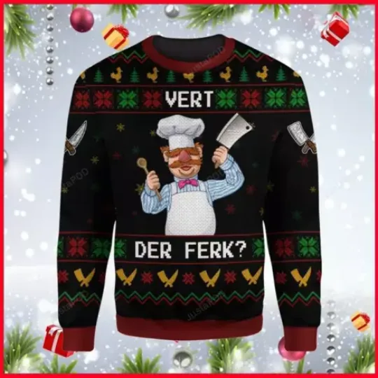 The Muppets Swedish Chef Vert Der Ferk Christmas Premium3D SWEATER US Size Xmas
