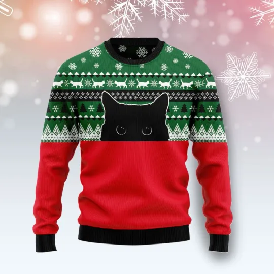 Meow Meow Black Cat Ugly Christmas Sweater, Perfect Holiday Gift
