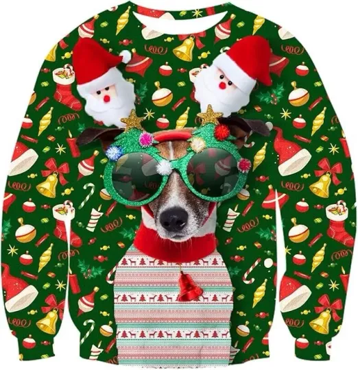 Unisex 3D Printed Dog Sweatshirt Ugly Christmas Sweater Holidays Stretch 2XL NEW