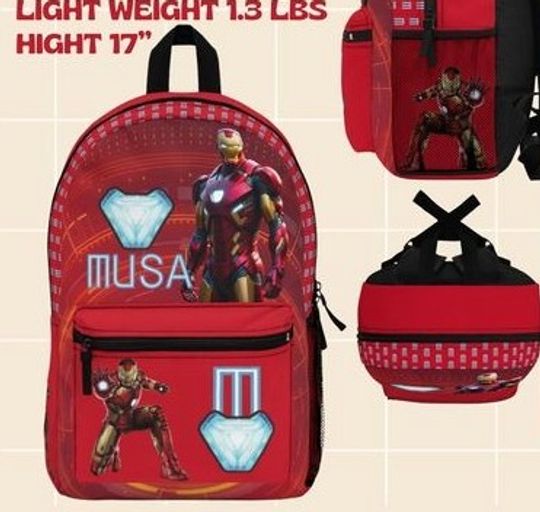 Iron man Avengers Custom Personalized Backpack, lunch bag, Waterbottle, Kids Travel Backpack, Name Backpack, Gift for Students, Back to Scho