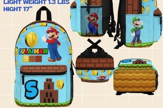 Super Mario Personalized Backpack, lunch bag, Waterbottle, Kids Travel Backpack, Unique Name Backpack, Gift for Students, Back to School