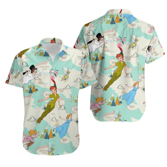 Peter Pan Button Shirt, Men Shorts, Disney Hawaiian Shirt, Wendy Captain Hook Mr Smee Tick Tock Tinker Bell Nana Shirt, Neverland Shirt