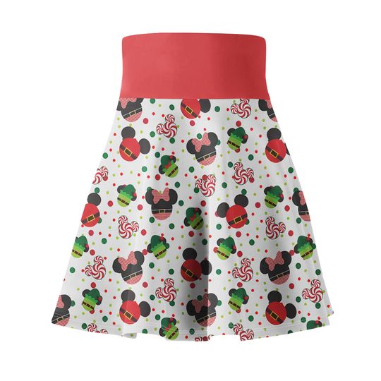 Skater Skirt - Christmas Santa Mickey and Mrs. Claus Minnie Elves Candy Cane Mouse Heads