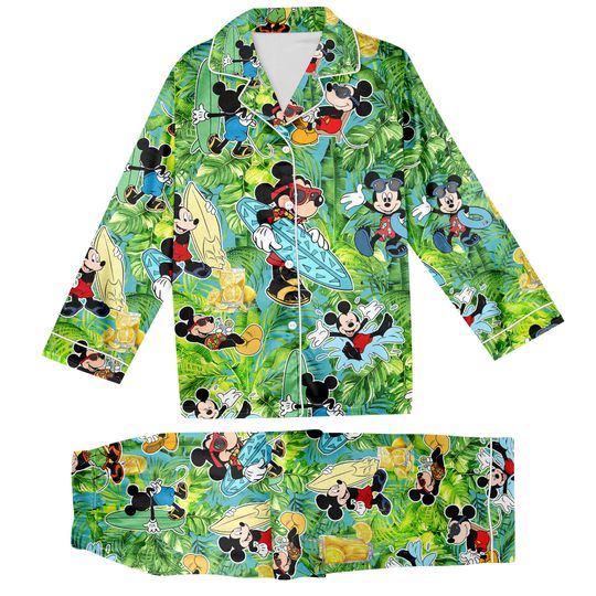 Surfing Disney Mickey Silk Pajama, Beach Mickey Pajamas Set, Disneyland Vacation Gift