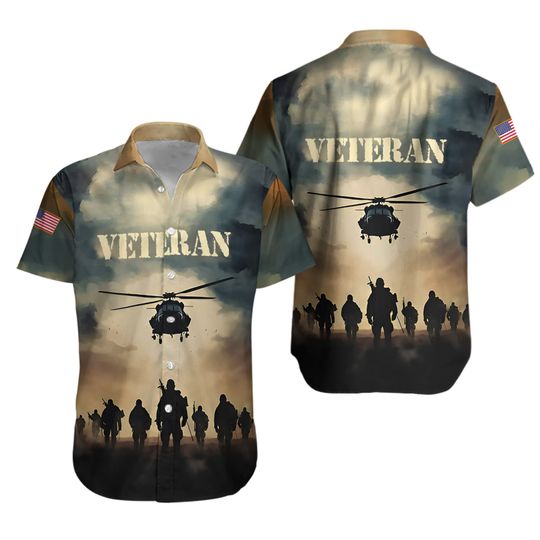 Veteran Hawaiian Shirts, Veteran Summer Beach Shirt, Hawaii Us Army Aloha Shirts, Patriotic Button Down Short Sleeve Hawaiian Shirts For Dad