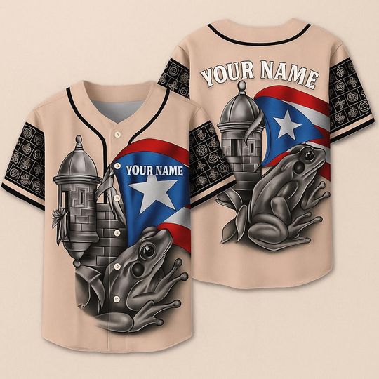 Puerto Rico 3D Baseball Jersey  Custom Name Shirt with Coqu Frog, Garita Fortress, and Puerto Rican Flag Design
