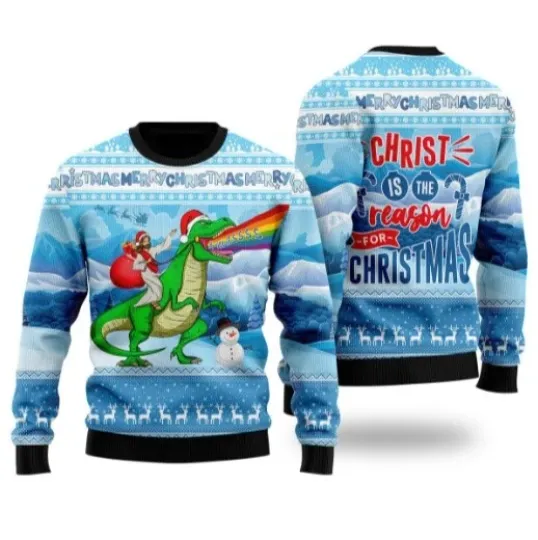 Jesus Riding A Dinosaur Ugly Christmas Sweater