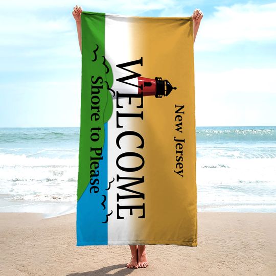 New Jersey License Plate Beach Towel Welcome Shore To Please Lighthouse Retired