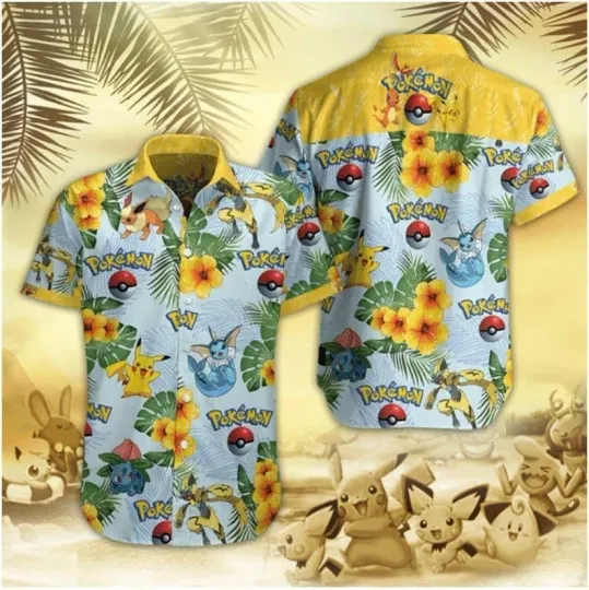 PKM Hawaiian Shirt Pika Eevee Flower Yellow Hawaii Aloha Shirt