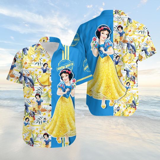 Snow White Hawaiian Shirt, Disney Princess Aloha Shirt, Seven Dwarfs Button Shirt, Evil Queen Beach Shirt, Fairy Tale Vacation Shirt