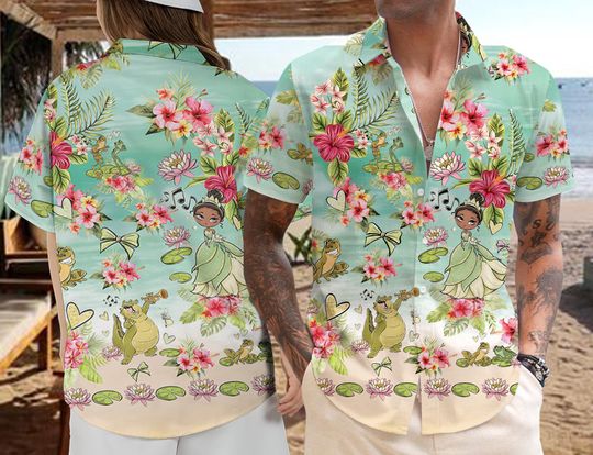 Disney Princess Hawaiian Shirt, Tiana Hawaiian Shirt, The Princess and the Frog Hawaiian Shirt, Disney Tropical Hawaiian Shirt