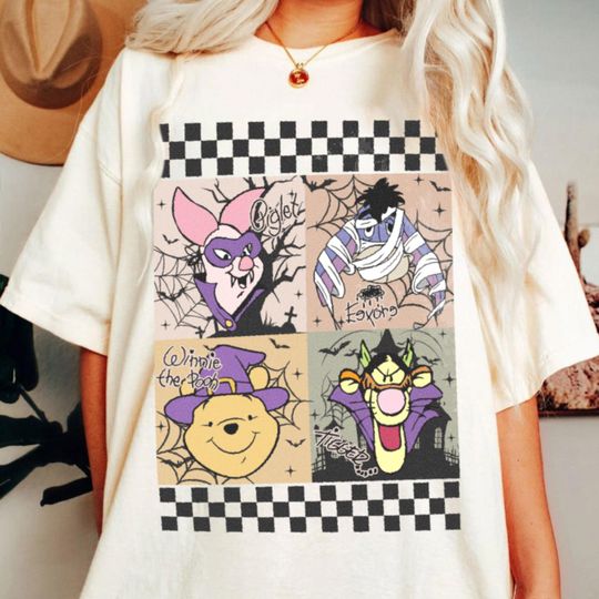 Pooh Piglet Tigger Eeyore Checkered Board Vampire Dracula Comfort Shirt, Spooky Season Shirt, Fall Season Trip Shirt, Halloween Party Tee