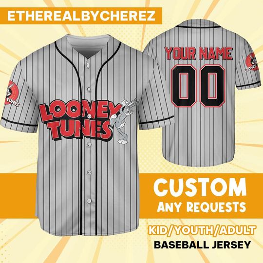Personalize Looney Tunes Bug Bunny Striped Bugs, Baseball Team Outfit, Gift for Space Jamz Fans, Tune Squad Jersey, Family Jersey