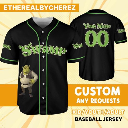 Personalize Shrek Swamp Black Green, Baseball Jersey, Custom Kids, Youth, Adult, Birthday, Cartoon Team Outfit