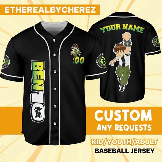 Personalize Ben 10 Green Black Jersey, Baseball, Custom Kids, Youth, Adult, Birthday, Cartoon Team Outfit