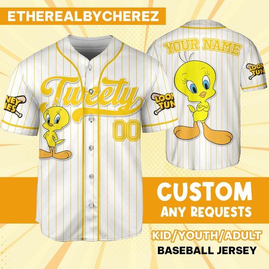 Custom Looney Tune Tweety Simple Baseball, Custom Kids, Youth, Adult, Birthday, Cartoon Team Outfit