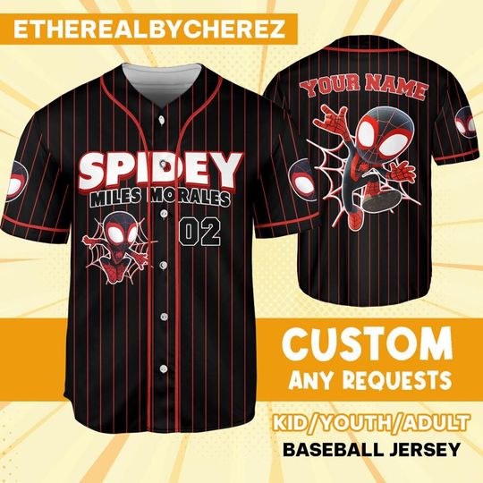Personalize Spidey Miles Morales Red Black, Custom Kids, Youth, Adult, Birthday, Cartoon Team Outfit
